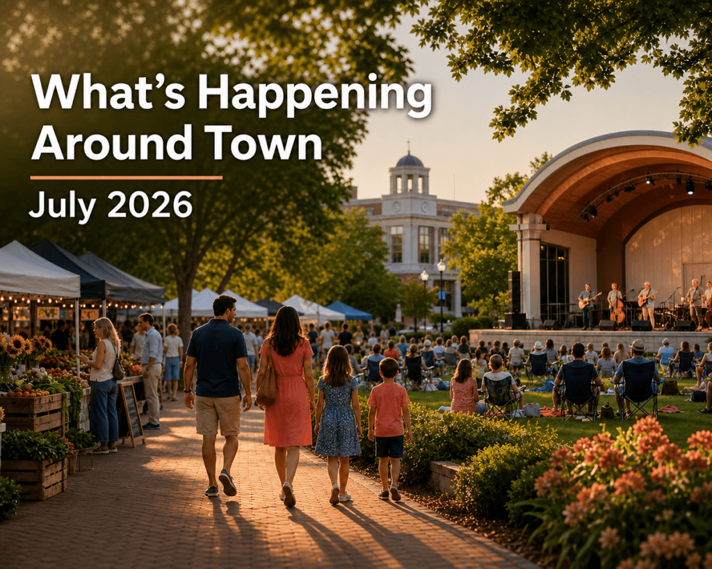 Families enjoy an outdoor concert and farmers market on a warm July evening.